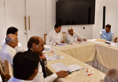 MUMBAI INDIA JUNE 13 2023 Maharashtra Congress Committee in charge HK Patil and Maharashtra Pradesh Congress Committee President Nana Patole along with party leaders during the core committee meeting of the Congress party at Garware Club Churchgate o clipart