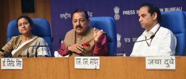 NEW DELHI INDIA JUNE 9 2023 Union Minister of State in the Ministry of Personnel Public Grievances and Pensions Jitendra Singh with others department officers briefing the media about Nine Year Achievements of Ministry of Personnel Public Grievances  clipart