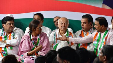 MUMBAI INDIA JUNE 15 2023 MLA Varsha Gaikwad take charge as President Mumbai Regional Congress committee MRCC from her predecessor Bhai Jagtap in the presence of senior Congress leaders Sushil Kumar Shinde Ashok Chavan Prithviraj Chavan Naseem Khan a clipart