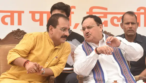 stock image NEW DELHI INDIA JUNE 9 2023 BJP National President JP Nadda along with Delhi BJP President Virendra Sachdeva during the lay foundation for Delhi BJP Office Building at Pocket 5 Deen Dayal Upadhyay Marg on June 9 2023 in New Delhi India Photo by Sonu 