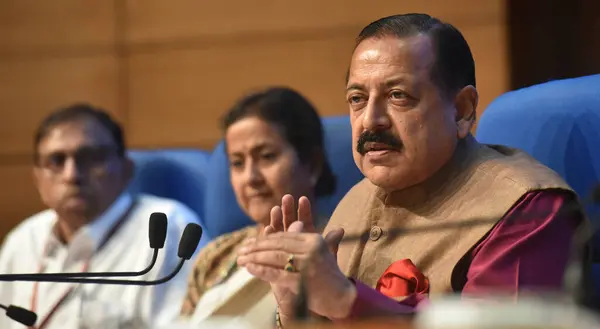 stock image NEW DELHI INDIA JUNE 9 2023 Union Minister of State in the Ministry of Personnel Public Grievances and Pensions Jitendra Singh with others department officers briefing the media about Nine Year Achievements of Ministry of Personnel Public Grievances 