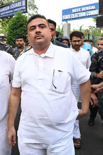 stock image KOLKATA INDIA JUNE 14 2023 Bharatiya Janata Party BJP leader Suvendu Adhikari claims BJP candidates were forcefully stopped from filling nomination in Bengal Panchayet Election allegedly by Trinamool Congress TMC outside West Bengal State Election co