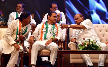 MUMBAI INDIA JUNE 21 2023 NCP president chief Sharad Pawar during the Nationalist Congress Party NCP celebrates Silver jubilee year at Shanmukhananda Auditorium in the presence of Member and acting president Supriya Sule NCP leader Ajit Pawar NCP lea clipart