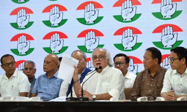 NEW DELHI INDIA JUNE 17 2023 Congress leader Jairam Ramesh Member of the Manipur Legislative Assembly Okram Ibobi Singh and leaders of Like Minded Opposition Parties in Manipur during a press conference over violence in Manipur at AICC HQ on June 17  clipart