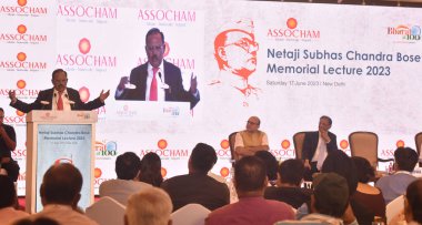 NEW DELHI INDIA JUNE 17 2023 National Security Advisor Ajit Doval addressing the Netaji Subhas Chandra Bose Memorial Lecture 2023 on June 17 2023 in New Delhi India Ajit Doval opined that the partition of India could have been avoided if Netaji Subha clipart