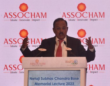 NEW DELHI INDIA JUNE 17 2023 National Security Advisor Ajit Doval addressing the Netaji Subhas Chandra Bose Memorial Lecture 2023 on June 17 2023 in New Delhi India Ajit Doval opined that the partition of India could have been avoided if Netaji Subha clipart