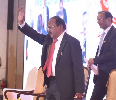 NEW DELHI INDIA JUNE 17 2023 National Security Advisor Prime Minister s Office Ajit Doval Assocham President and chairman and Managing Director SpiceJet Ajay Singh Assocham secretary General Deepak Sood during the Netaji Subhas Chandra Bose Memorial  clipart