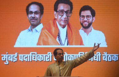 MUMBAI INDIA JUNE 24 2023 Shiv Sena Uddhav Balasaheb Thackeray Chief Uddhav Thackeray speaks during a meeting of party s office bearers and public representatives at Shivaji Mandir Dadar on June 24 2023 in Mumbai India Photo by Bhushan Koyande Hindus clipart