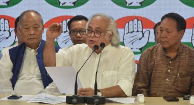 NEW DELHI INDIA JUNE 17 2023 Congress leader Jairam Ramesh Member of the Manipur Legislative Assembly Okram Ibobi Singh and leaders of 10 like minded Opposition Parties in Manipur during a press conference over violence in Manipur at AICC HQ clipart