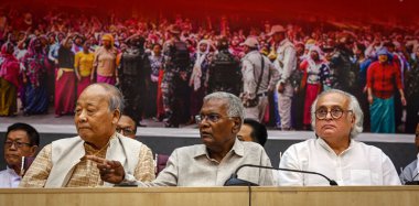 NEW DELHI INDIA JUNE 25 2023 AICC General Secretary Jairam Ramesh CPI General Secretary D Raja former Manipur CM and Congress leader Okram Ibobi Singh and other leaders during the National Convention on Peace in Manipur at HKS Surjit Bhawan on June 2 clipart