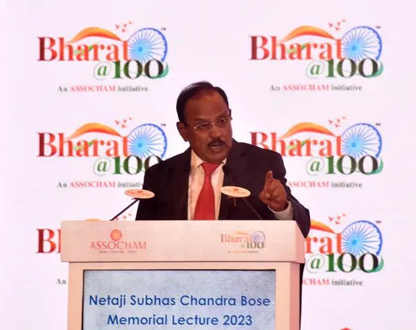 stock image NEW DELHI INDIA JUNE 17 2023 National Security Advisor Ajit Doval addressing the Netaji Subhas Chandra Bose Memorial Lecture 2023 on June 17 2023 in New Delhi India Ajit Doval opined that the partition of India could have been avoided if Netaji Subha