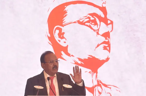 stock image NEW DELHI INDIA JUNE 17 2023 National Security Advisor Ajit Doval addressing the Netaji Subhas Chandra Bose Memorial Lecture 2023 on June 17 2023 in New Delhi India Ajit Doval opined that the partition of India could have been avoided if Netaji Subha