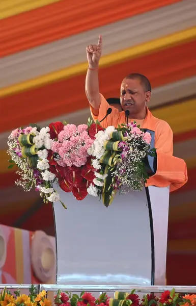 stock image NOIDA INDIA JUNE 25 2023 Uttar Pradesh chief minister Yogi Adityanath addresses the gathering at Noida stadium Ramlila ground in Sector 21AUttar Pradesh Chief Minister Yogi Adityanath inaugurated multiple projects of the Noida and Greater Noida Devel