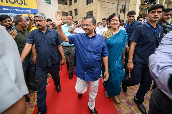 stock image NEW DELHI INDIA JUNE 26 2023 Arvind Kejriwal Chief Minister of Delhi along with Atishi Education Minister of Delhi during the inauguration of a newly constructed School by Delhi Government at Sarvodaya Co Ed School Libaspur on June 26 2023 in New Del