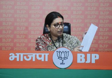 NEW DELHI INDIA JUNE 28 2023 Union Minister for Women and Child Development and BJP leader Smriti Irani addresses a press conference against Rahul Gandhi s United States visit at BJP HQ on June 28 2023 in New Delhi India Smriti Irani doubled down on  clipart