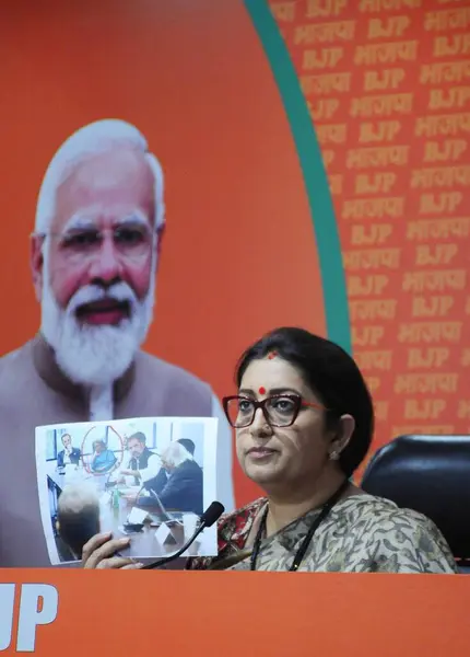 stock image NEW DELHI INDIA JUNE 28 2023 Union Minister for Women and Child Development and BJP leader Smriti Irani addresses a press conference against Rahul Gandhi s United States visit at BJP HQ on June 28 2023 in New Delhi India Smriti Irani doubled down on 