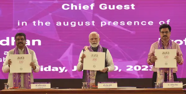 stock image NEW DELHI INDIA JUNE 30 2023 Prime minister of India Narendra Modi along with Union Minister of Education and Minister of Skill Development and Entrepreneurship Dharmendra Pradhan and Vice Chancellor of the University of Delhi Prof Yogesh Singh durin