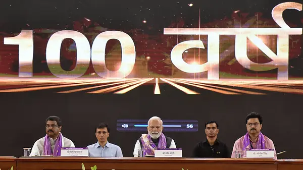 stock image NEW DELHI INDIA JUNE 30 2023 Prime minister of India Narendra Modi along with Union Minister of Education and Minister of Skill Development and Entrepreneurship Dharmendra Pradhan and Vice Chancellor of the University of Delhi Prof Yogesh Singh durin