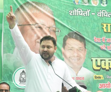 PATNA INDIA SEPTEMBER 1 2024 RJD leader Tejashwi Yadav addressing during a mass dharna in support of various demands outside of RJD office on September 1 2024 in Patna India Photo by Santosh Kumar Hindustan Times  clipart