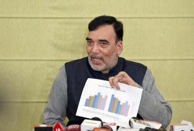 NEW DELHI INDIA SEPTEMBER 12024 Delhi Çevre Bakanı Gopal Rai, 1 Eylül 2024 tarihinde Yeni Delhi Hindistan 'da Sanjeev Verma Hind tarafından çekilen ve ulusal başkentte hava kirliliği konusuyla ilgili basın toplantısında konuştu.