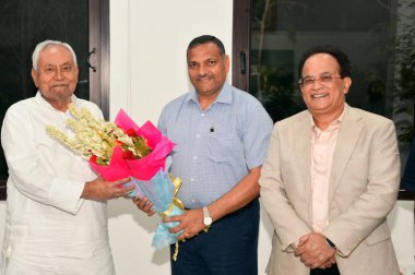 PATNA INDIA AUGUST 31 2024 Bihar Chief Minister Nitish Kumar welcoming newly appointed Chief Secretary Amrit Lal Meena at 1 Anne Marg on August 31 2024 in Patna India Photo by Santosh Kumar Hindustan Times  clipart