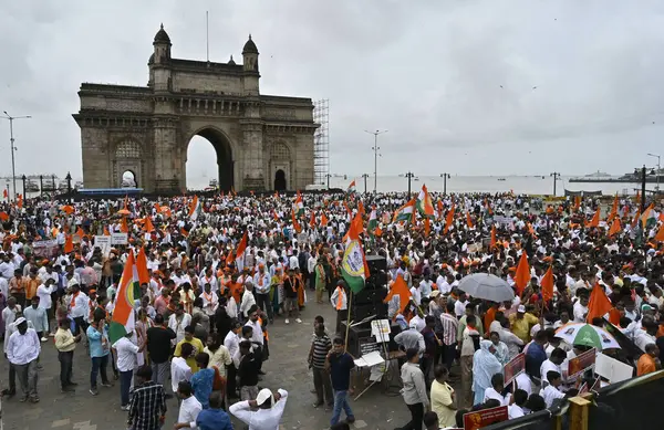 stock image MUMBAI INDIA SEPTEMBER 1 2024 MVA party workers gathered at Gateway Of India during the protest march from Hutatma Chowk to Gateway of India for Chhatrapati Shivaji Maharaj Statue Collapse on September 1 2024 in Mumbai India Opposition Maha Vikas Agh