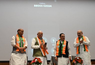 NEW DELHI INDIA 2 Eylül 2024 Başbakan Narendra Modi Savunma Bakanı Rajnath Singh İçişleri Bakanı Amit Şah Sağlık Bakanı ve Ulusal Başkan JP Nadda BJP Genel Merkezi DDU Marg 'da 2024 BJP üyelik kampanyası başlattı 