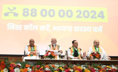 NEW DELHI INDIA SEPTEMBER 2 2024 Prime Minister Narendra Modi Defence Minister Rajnath Singh home minister Amit Shah Union Health minister and National president JP Nadda launched BJP membership campaign 2024 at BJP Headquarter DDU Marg  clipart