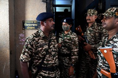 NEW DELHI INDIA SEPTEMBER 2 2024 Security officials seen deployed outside the residence of Amanatullah Khan MLA from Aam Admi Party as officials from ED carries out searches at his residence in Batla House Amanatullah Khan is arrested by the ED  clipart