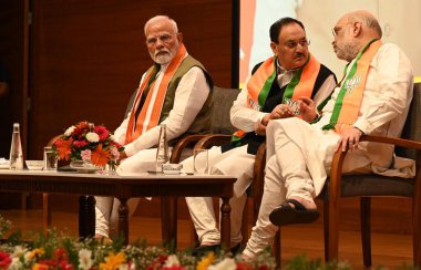 NEW DELHI INDIA 2 Eylül 2024 Başbakan Narendra Modi ile Birlik İçişleri Bakanı Amit Şah ve Birlik Bakanı ve BJP Ulusal Başkanı JP Nadda BJP üyeliği kampanyası 2024 Fotoğraf: Arvind Yadav Hindustan Times