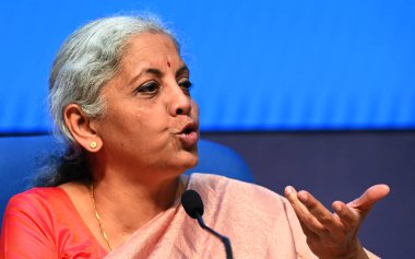 NEW DELHI INDIA FEBRUARY 1 2024 Union Finance Minister Nirmala Sitharaman along with MoS Finance Pankaj Choudhary Bhagwat Kishanrao Karad and other Team members address media person after postInterim Budget 2024 at NMC on February 1 2024 in New Delhi clipart