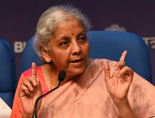 stock image NEW DELHI INDIA FEBRUARY 1 2024 Union Finance Minister Nirmala Sitharaman along with MoS Finance Pankaj Choudhary Bhagwat Kishanrao Karad and other Team members address media person after postInterim Budget 2024 at NMC on February 1 2024 in New Delhi