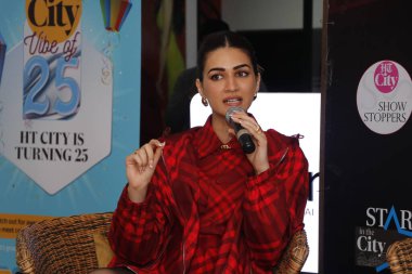 NEW DELHI INDIA FEBRUARY 1 2024  Bollywood actor Kriti Sanon during an exclusive interview with HT City for the promotion of their upcoming movie Teri Baaton Mein Aisa Uljha Jiya at HT Media office on February 1 2024 in New Delhi India Photo by Dhruv clipart