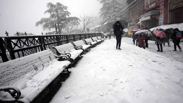 stock image SHIMLA INDIA FEBRUARY 1 2024 People take a stroll during the fresh snowfall at Lakkar Bazaar on February 1 2024 in Shimla India Photo by Deepak Sansta Hindustan Times