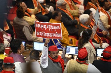 LUCKNOW INDIA FEBRUARY 2 2024 Samajwadi party MLAs shouting slogans as they protest during the speech of Governor Anandiben Patel on the first day of the budget session at UP assembly on February 2 2024 in Lucknow India Photo by Deepak Gupta Hindusta clipart