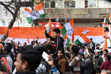 NEW DELHI INDIA FEBRUARY 3 2024 Congress party workers and supporters during the Nyay Sankalp workers convention at Geeta Colony clipart