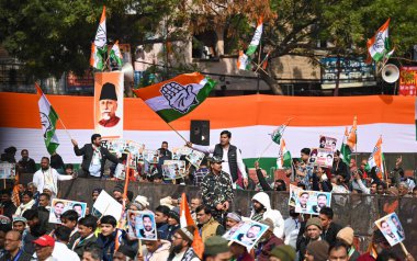 NEW DELHI INDIA FEBRUARY 3 2024 Congress supporters seen during Nyay Sankalp workers convention at Ramlila Ground Geeta Colony clipart