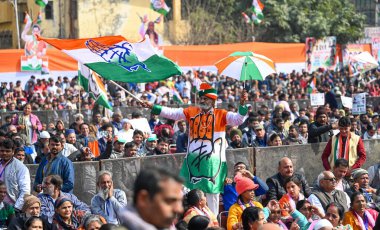NEW DELHI INDIA FEBRUARY 32024 Kongre destekçileri Ramlila Toprak Geeta Kolonisi 'nde Nyay Sankalp işçi kongresi sırasında görüldü
