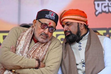 NEW DELHI INDIA FEBRUARY 5 2024 Deputy Chief Minister of Bihar Samrat Choudhary seen along BJP leader Giriraj Singh during the felicitation ceremony for the Deputy CMs of Bihar on behalf of People of Bihar living in Delhi at Delhi Pradesh BJP Headqua clipart