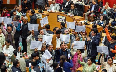 NEW DELHI INDIA FEBRUARY 6 2024 BJP MCD councillors shouting slogan during the Special Meeting of the Municipal Corporation of Delhi for discussion on the Revised Budget Estimates 202324 and Budget Estimates 202425 at Civic Center on February 6 2024  clipart