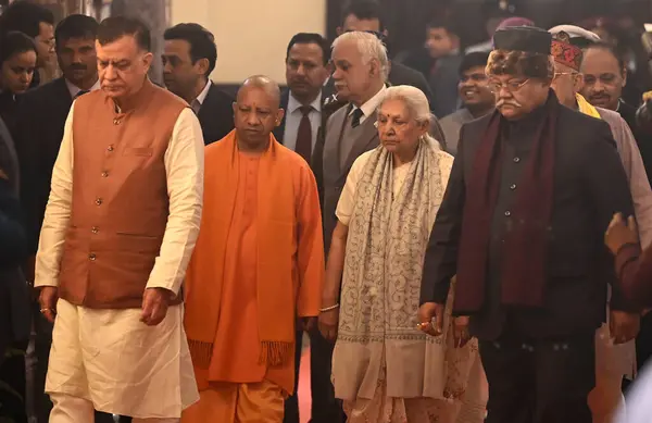 stock image LUCKNOW INDIA FEBRUARY 2 2024 Uttar Pradesh Governor Anandiben Patel with CM Yogi Adityanath and Speaker Satish Mahana are on their to attend the first day of the Budget session at UP assembly on February 2 2024 in Lucknow India Photo by Deepak Gupta