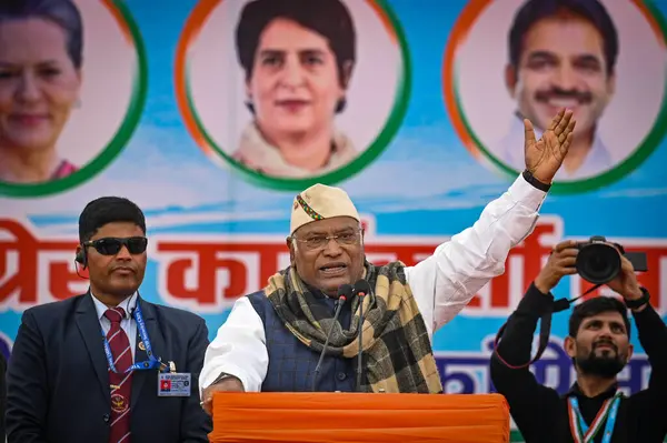 stock image NEW DELHI INDIA FEBRUARY 3 2024 Mallikarjun Kharge National President of AICC addressing during Nyay Sankalp Workers Convention at Ramlila Ground Geeta Colony Delhi Congress held the first major rally