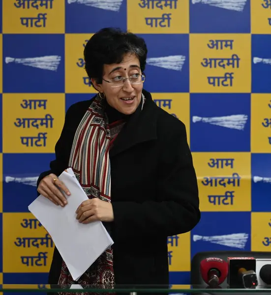 stock image NEW DELHI INDIA FEBRUARY 4 2024 Senior AAP Leader and Delhi Cabinet Minister Atishi briefs media personnel at a press conference at AAP party office Rouse Avenue on the issue of repeated visits by the crime branch officials at CM residence  Minister 