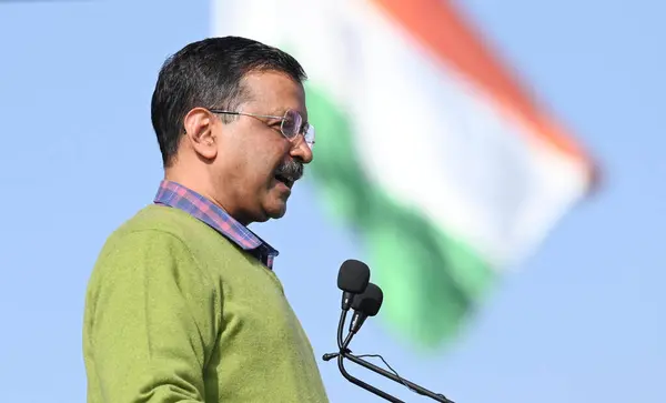 stock image NEW DELHI INDIA FEBRUARY 5 2024 Arvind Kejriwal Chief Minister of Delhi addresses during an event for the senior citizens departing for Tirupati Balaji on the 89th train under Mukhyamantri Teerth Yatra Yojana at Thyagraj Stadium on February 5 2024 in