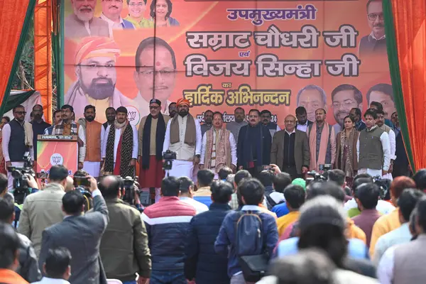 stock image NEW DELHI INDIA FEBRUARY 5 2024 Deputy Chief Ministers of Bihar Samrat Choudhary and Vijay Kumar Sinha seen along BJP leader Manoj Tiwari Giriraj Singh and Virendra Sachdeva during the felicitation ceremony for the Deputy CMs of Bihar on behalf of Pe