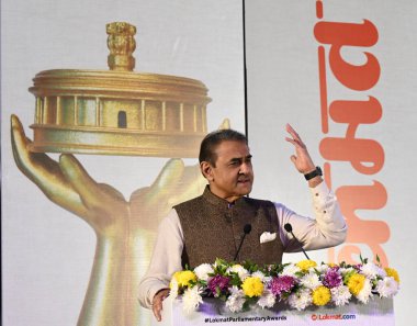 NEW DELHI INDIA ŞUBARI 6. 2024 Rajya Sabha Milletvekili Praful Patel, 6 Şubat 2024 tarihinde Yeni Delhi Hindistan 'da düzenlenen 5. Lokmat Parlamenter Ödülleri töreninde konuşma yaptı.