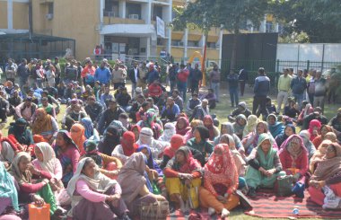 GHAZIABAD INDIA FEBRUARY 7 2024 Hundreds of contractual cleaning staff of the corporation have abstained from work and protesting at municipalcorporation headquarters navyug market to press for their different demands on February 7 2024 in Ghaziabad  clipart