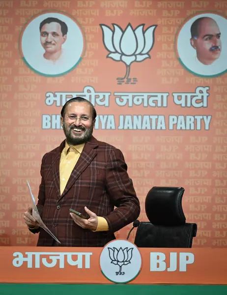 stock image NEW DELHI INDIA FEBRUARY 7 2024 Prakash Javadekar BJP Leader address a press conference at BJP Headquarters DDU Marg on February 7 2024 in New Delhi India BJP leader Prakash Javadekar said that the Prime Minister Narendra Modiled National Democratic 