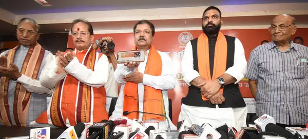 stock image PATNA INDIA SEPTEMBER 3 2024 Bihar BJP president Dilip Jaiswal with Bihar Deputy Chief Ministers Samrat Choudhary Vijay Sinha and others during party membership drive at BJP office on September 3 2024 in Patna India Photo by Santosh Kumar Hindustan T