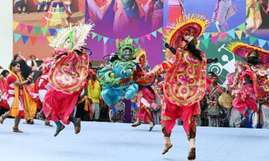 NEW DELHI INDIA FEBRUARY 10 2024 Tribal artists perform during the inauguration of Aadi Mahotsav 2024 National Tribal Festival at Major Dhyan Chand National Stadium on February 10 2024 in New Delhi India The Aadi Mahotsav aims to showcase the rich di clipart